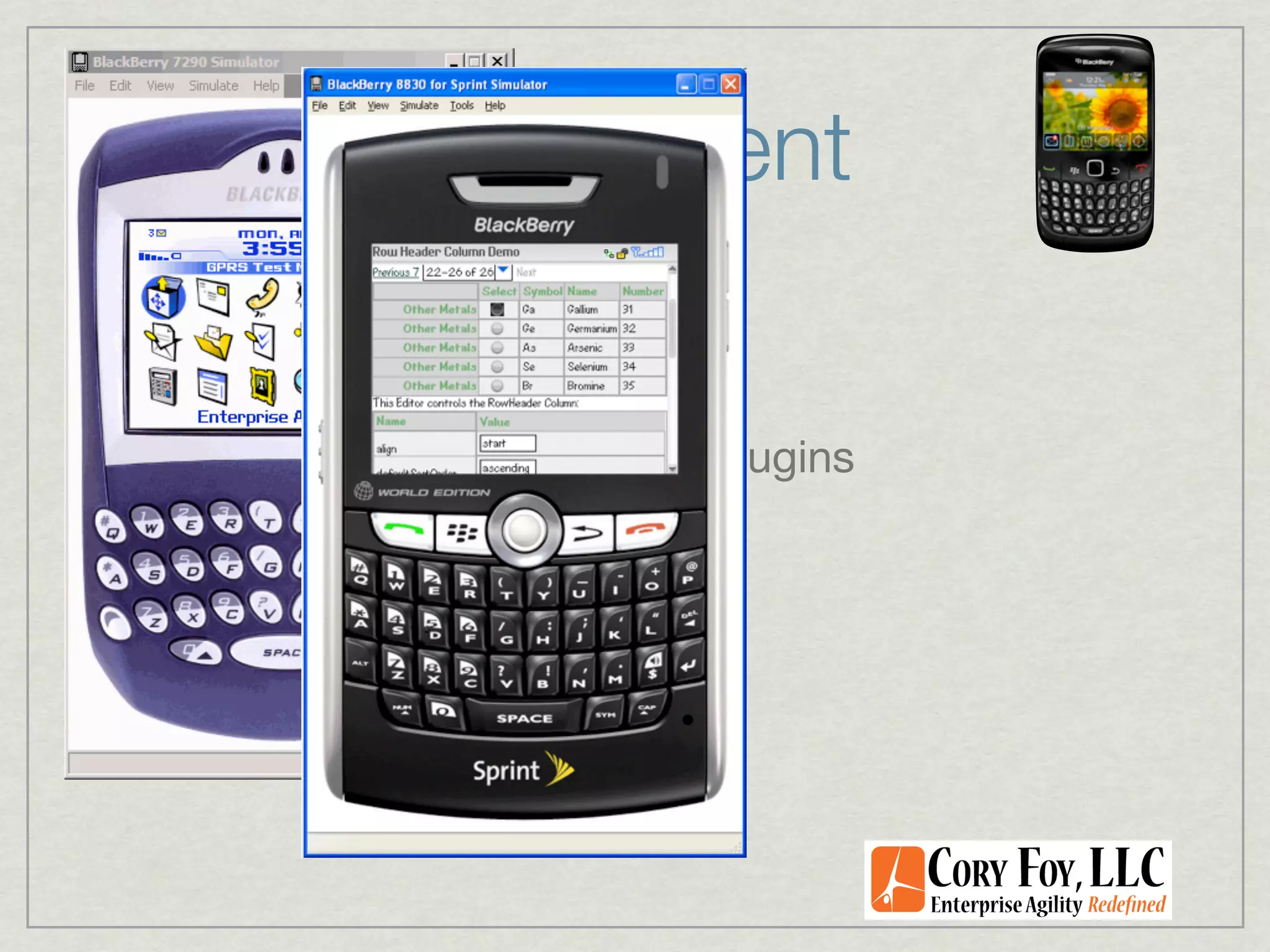 BB Development

Developer Programs

 Eclipse and Visual Studio Plugins

 Rich Set of Emulators
 
