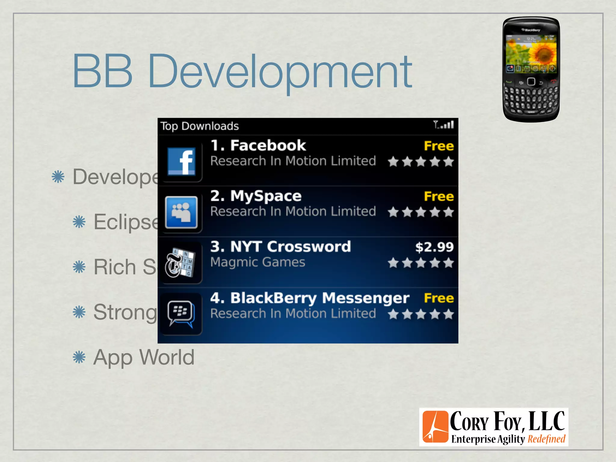 BB Development

Developer Programs

 Eclipse and Visual Studio Plugins

 Rich Set of Emulators

 Strong (and free!) Developer Program

 App World
 