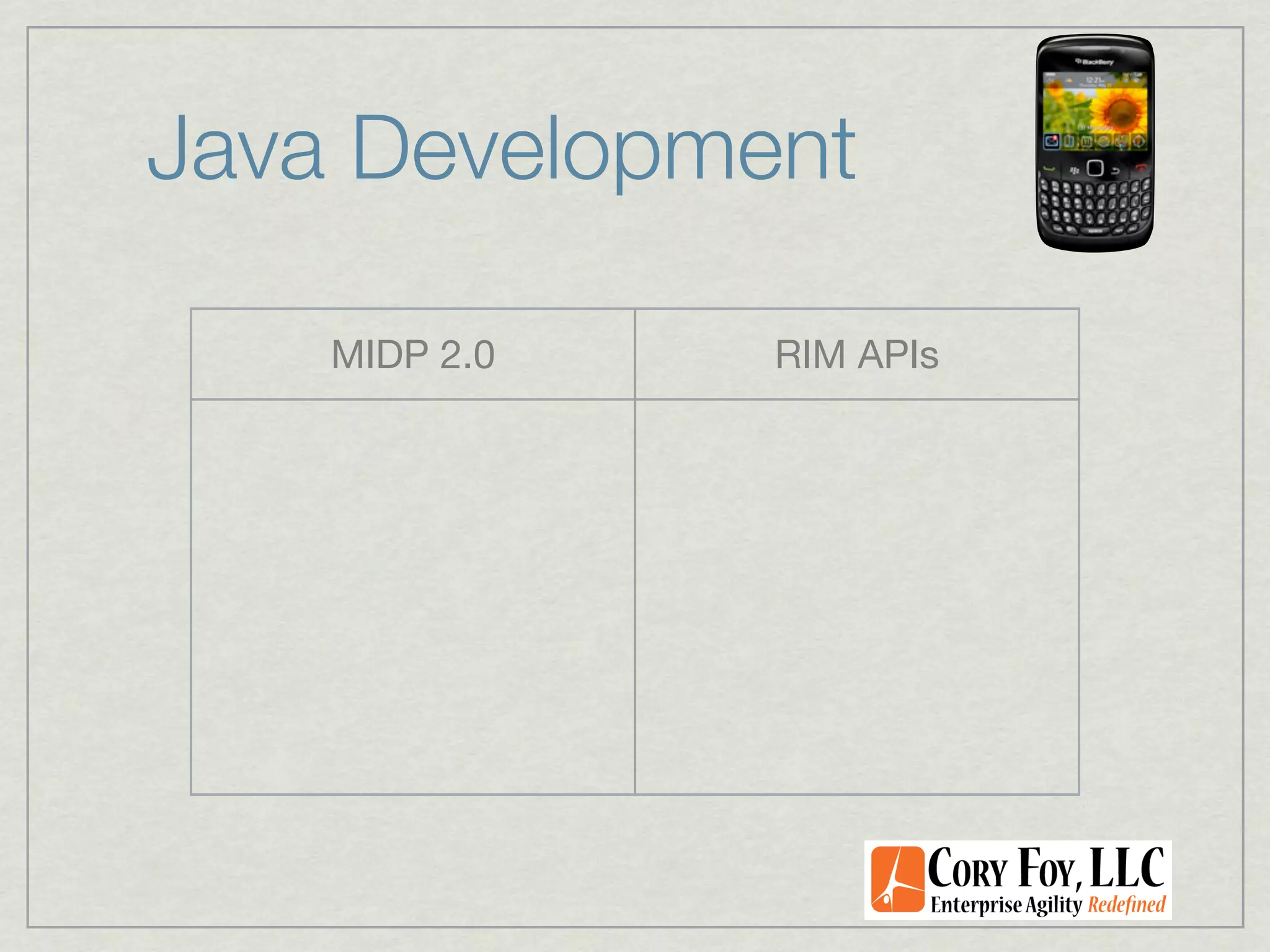 Java Development

    MIDP 2.0   RIM APIs
 