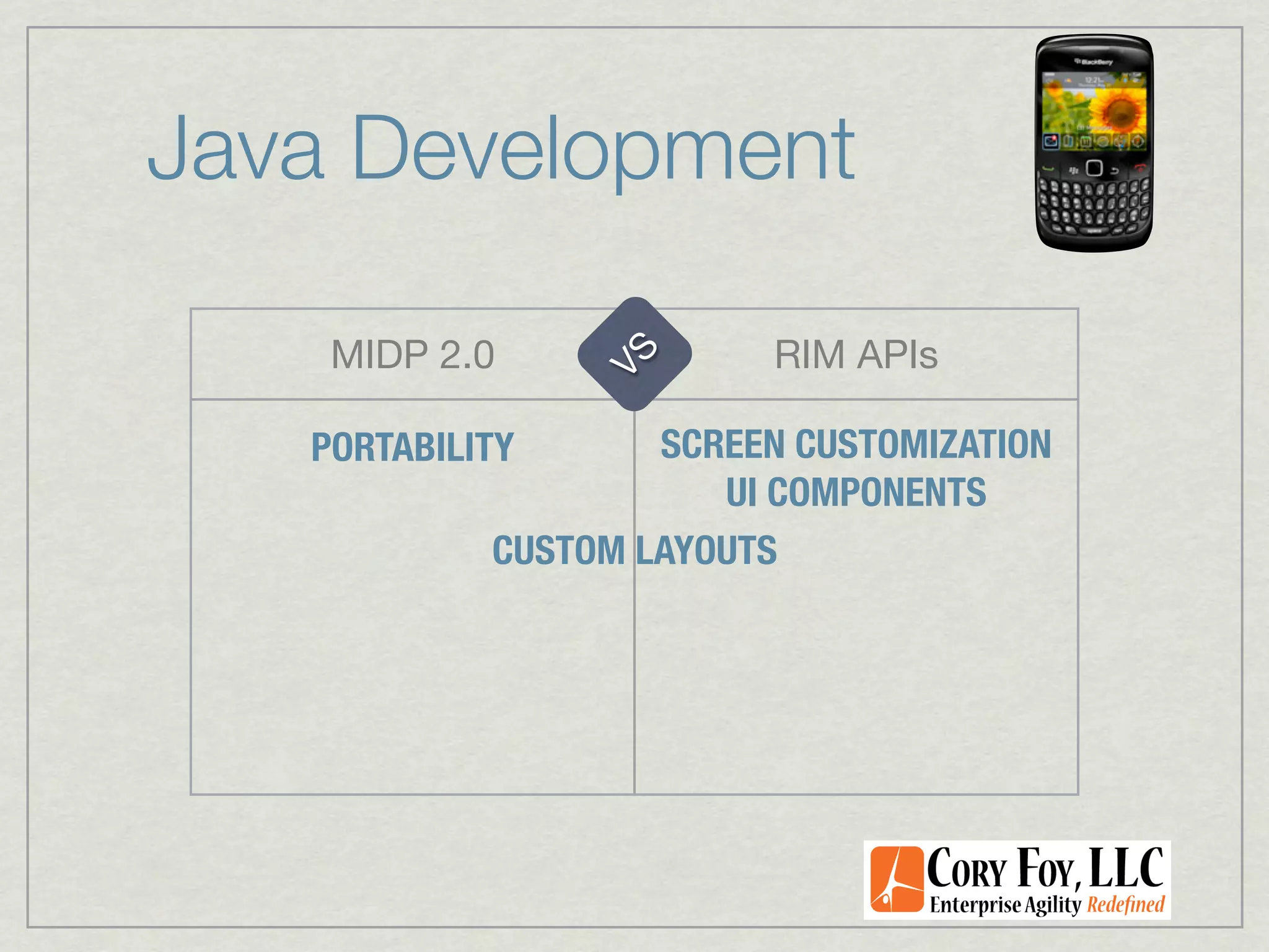 Java Development

    MIDP 2.0              RIM APIs




                 VS
   PORTABILITY      SCREEN CUSTOMIZATION
                       UI COMPONENTS
            CUSTOM LAYOUTS
 