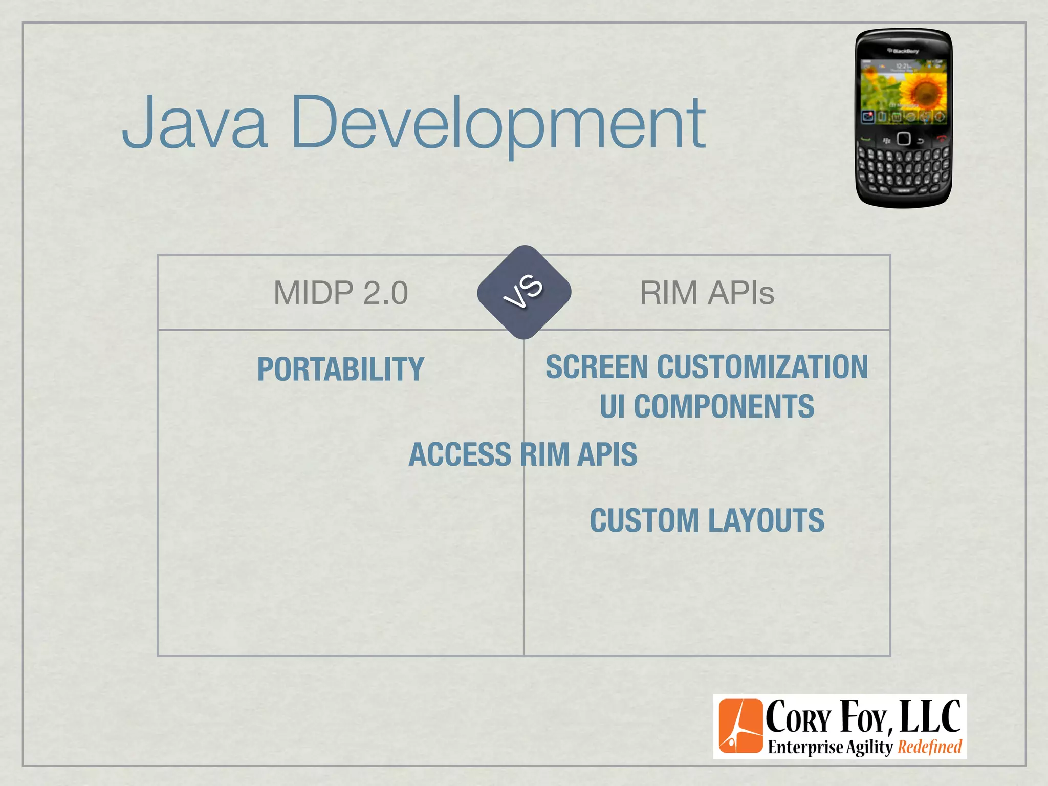 Java Development

    MIDP 2.0              RIM APIs




                 VS
   PORTABILITY       SCREEN CUSTOMIZATION
                        UI COMPONENTS
            ACCESS RIM APIS

                       CUSTOM LAYOUTS
 
