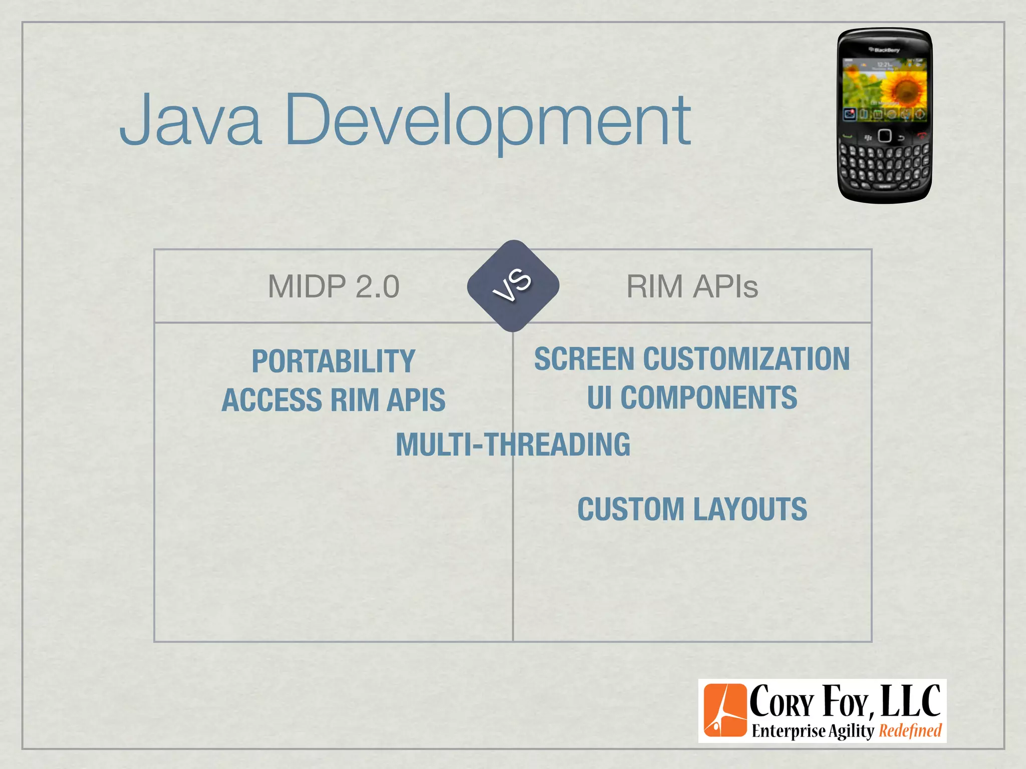 Java Development

    MIDP 2.0                RIM APIs




                  VS
    PORTABILITY        SCREEN CUSTOMIZATION
  ACCESS RIM APIS         UI COMPONENTS
              MULTI-THREADING

                         CUSTOM LAYOUTS
 