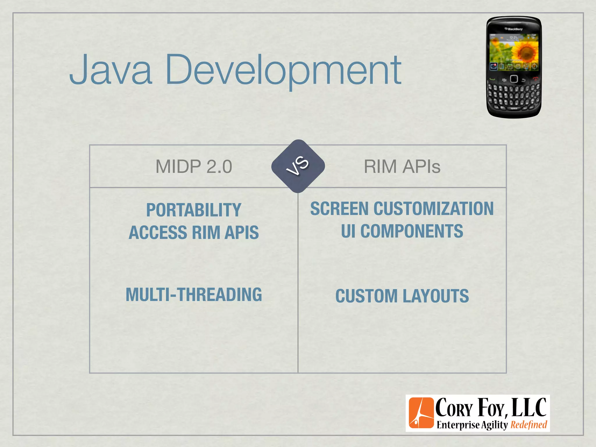 Java Development

     MIDP 2.0                 RIM APIs




                    VS
    PORTABILITY          SCREEN CUSTOMIZATION
  ACCESS RIM APIS           UI COMPONENTS


  MULTI-THREADING          CUSTOM LAYOUTS
 