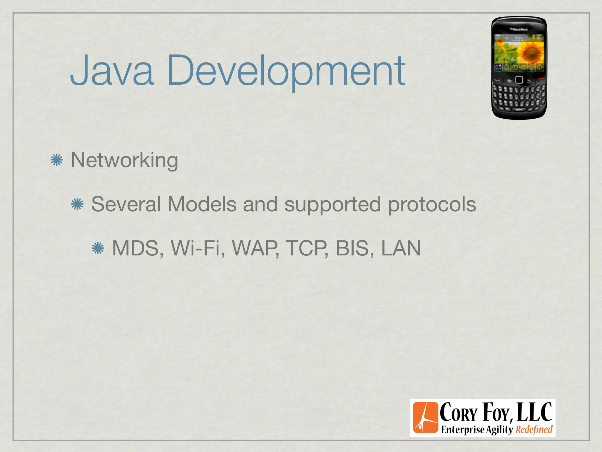 Java Development
Networking

 Several Models and supported protocols

   MDS, Wi-Fi, WAP, TCP, BIS, LAN
 