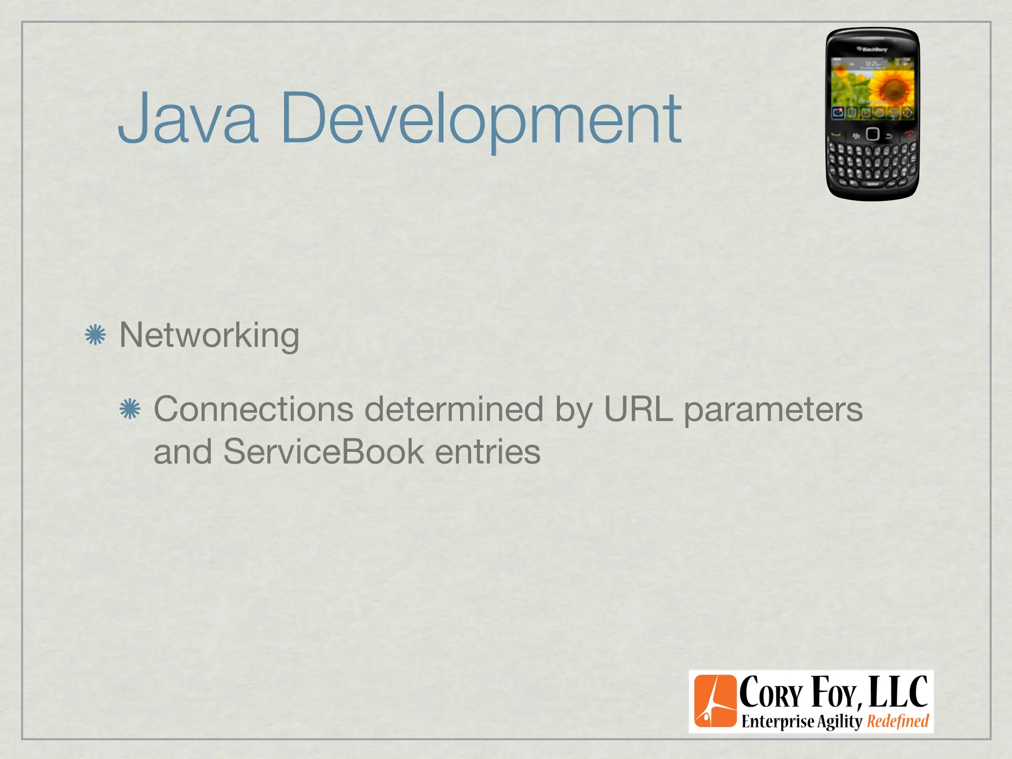 Java Development

Networking

 Connections determined by URL parameters
 and ServiceBook entries
 