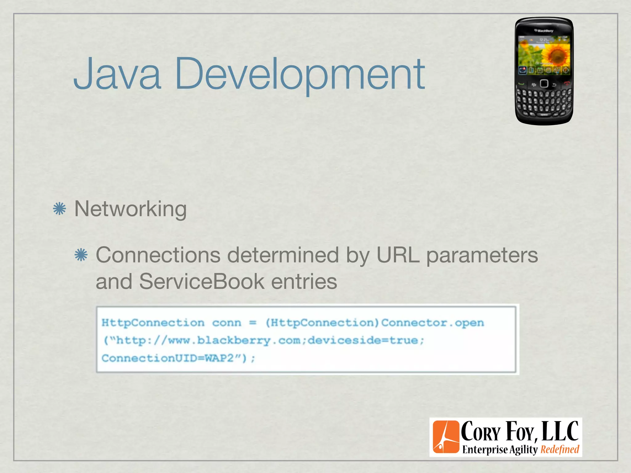 Java Development

Networking

 Connections determined by URL parameters
 and ServiceBook entries
 