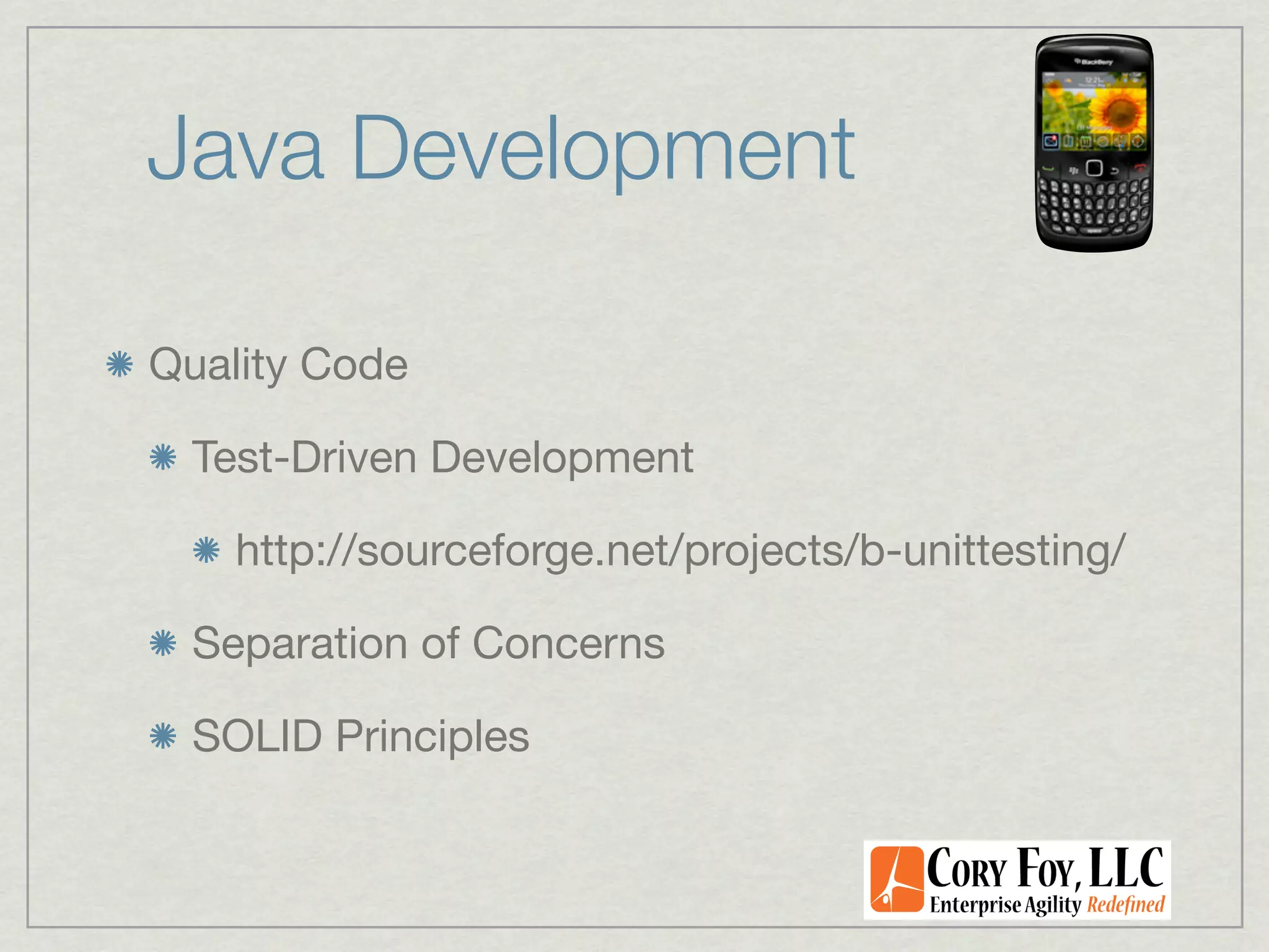 Java Development

Quality Code

  Test-Driven Development

    http://sourceforge.net/projects/b-unittesting/

  Separation of Concerns

  SOLID Principles
 