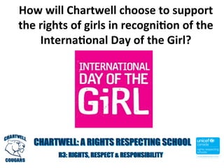 How	
  will	
  Chartwell	
  choose	
  to	
  support	
  
the	
  rights	
  of	
  girls	
  in	
  recogni4on	
  of	
  the	
  
Interna4onal	
  Day	
  of	
  the	
  Girl?	
  
CHARTWELL: A RIGHTS RESPECTING SCHOOLCHARTWELL: A RIGHTS RESPECTING SCHOOL
R3: RIGHTS, RESPECT & RESPONSIBILITYR3: RIGHTS, RESPECT & RESPONSIBILITY Chartwell Elementary School
 