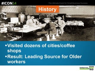 The Ultimate Event for Small Business Success.
Visited dozens of cities/coffee
shops
Result: Leading Source for Older
workers
Website, blog and online
History
 