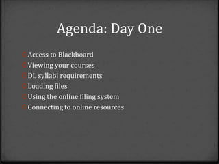 Agenda: Day One
0 Access to Blackboard
0 Viewing your courses
0 DL syllabi requirements
0 Loading files
0 Using the online filing system
0 Connecting to online resources
 