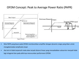 OFDM Concept: Peak to Average Power Ratio (PAPR)




•   Nilai PAPR yang besar pada OFDM membutuhkan amplifier dengan dynamic range yang lebar untuk
    mengakomodasi amplitudo sinyal.
•   Jika hal ini tidak terpenuhi maka akan terjadi distorsi linear yang menyebabkan subcarrier menjadi tidak
    lagi ortogonal dan pada akhirnya menurunkan performansi OFDM.
                                                                                                     46
 