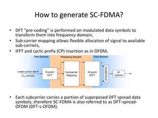 How to generate SC-FDMA?
• DFT “pre-coding” is performed on modulated data symbols to
  transform them into frequency domain,
• Sub-carrier mapping allows flexible allocation of signal to available
  sub-carriers,
• IFFT and cyclic prefix (CP) insertion as in OFDM,




• Each subcarrier carries a portion of superposed DFT spread data
  symbols, therefore SC-FDMA is also referred to as DFT-spread-
  OFDM (DFT-s-OFDM).
 
