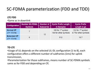 SC-FDMA parameterization (FDD and TDD)
LTE FDD
•Same as in downlink




TD-LTE
•Usage of UL depends on the selected UL-DL configuration (1 to 8), each
configuration offers a different number of subframes (1ms) for uplink
transmission,
•Parameterization for those subframes, means number of SC-FDMA symbols
same as for FDD and depending on CP,
                                                                     84
 