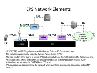 EPS Network Elements
                                           S6a

                                                                            Gx                           Rx
                     S1-MME
                                     MME


                                                                                                     Operator’s
         LTE-Uu                  S1-U                      S5 / S8                  SGi              IP Services
                                                 S-GW                    P-GW
                                                                                                   (e.g. IMS, PSS,
                        eNB                                                                                etc,)
    UE            E-UTRAN                                      EPC


• UE, E-UTRAN and EPC together represent the Internet Protocol (IP) Connectivity Layer.
• This part of the system is also called the Evolved Packet System (EPS).
• The main function of this layer is to provide IP based connectivity, and it is highly optimized for that purpose only.
• All services will be offered on top of IP, and circuit switched nodes and interfaces seen in earlier 3GPP
  architectures are not present in E-UTRAN and EPC at all.
• IP technologies are also dominant in the transport, where everything is designed to be operated on top of IP
  transport.
 