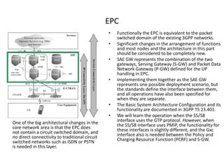 EPC
                                                •   Functionally the EPC is equivalent to the packet
                                                    switched domain of the existing 3GPP networks.
                                                •   Significant changes in the arrangement of functions
                                                    and most nodes and the architecture in this part
                                                    should be considered to be completely new.
                                                •   SAE GW represents the combination of the two
                                                    gateways, Serving Gateway (S-GW) and Packet Data
                                                    Network Gateway (P-GW) defined for the UP
                                                    handling in EPC.
                                                •   Implementing them together as the SAE GW
                                                    represents one possible deployment scenario, but
                                                    the standards define the interface between them,
                                                    and all operations have also been specified for
                                                    when they are separate.
                                                •   The Basic System Architecture Configuration and its
                                                    functionality are documented in 3GPP TS 23.401.
                                                •   We will learn the operation when the S5/S8
One of the big architectural changes in the         interface uses the GTP protocol. However, when
core network area is that the EPC does              the S5/S8 interface uses PMIP, the functionality for
not contain a circuit switched domain, and          these interfaces is slightly different, and the Gxc
no direct connectivity to traditional circuit       interface also is needed between the Policy and
switched networks such as ISDN or PSTN              Charging Resource Function (PCRF) and S-GW.
is needed in this layer.
 