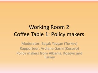 Working Room 2
Coffee Table 1: Policy makers
Moderator: Başak Yavçan (Turkey)
Rapporteur: Ardiana Gashi (Kosovo)
Policy makers from Albania, Kosovo and
Turkey

 
