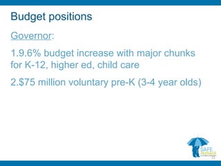 Budget positions
Governor:
1.9.6% budget increase with major chunks
for K-12, higher ed, child care
2.$75 million voluntary pre-K (3-4 year olds)
15
 