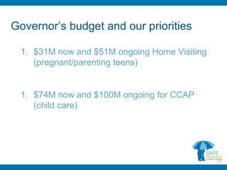Governor’s budget and our priorities
1. $31M now and $51M ongoing Home Visiting
(pregnant/parenting teens)
1. $74M now and $100M ongoing for CCAP
(child care)
17
 