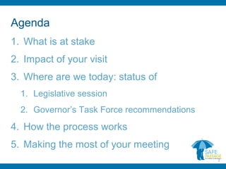 Agenda
1. What is at stake
2. Impact of your visit
3. Where are we today: status of
1. Legislative session
2. Governor’s Task Force recommendations
4. How the process works
5. Making the most of your meeting
2
 