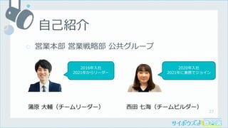 27
○ 営業本部 営業戦略部 公共グループ
⾃⼰紹介
蒲原 ⼤輔（チームリーダー） ⻄⽥ 七海（チームビルダー）
2016年⼊社
2021年からリーダー
2020年⼊社
2021年に兼務でジョイン
 