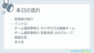 3
○ 登壇者の紹介
○ イントロ
○ チーム運営事例① サイボウズ式編集チーム
○ チーム運営事例② 営業本部 公共グループ
○ 質疑応答
○ まとめ
本⽇の流れ
 