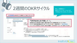 2週間のOKRサイクル 楽しい雰囲気で︕
相互コミュニケーションが
できるように⼯夫しています。
 