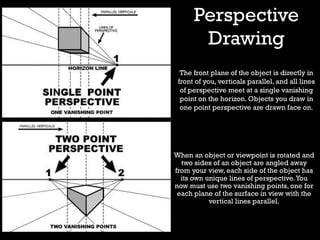 Perspective
Drawing
The front plane of the object is directly in
front of you, verticals parallel, and all lines
of perspective meet at a single vanishing
point on the horizon. Objects you draw in
one point perspective are drawn face on.
When an object or viewpoint is rotated and
two sides of an object are angled away
from your view, each side of the object has
its own unique lines of perspective.You
now must use two vanishing points, one for
each plane of the surface in view with the
vertical lines parallel.
 