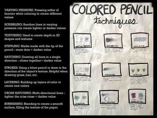 VARYING PRESSURE: Pressing softer of
heavier while coloring to create different
values
SCRIBBLING: Random lines in varying
pressure can create lighter or darker values
TEXTURING: Used to create depth in 3D
shapes and textures
STIPPLING: Marks made with the tip of the
pencil - more dots = darker value
HATCHING: Drawing all lines in a single
direction - closer together= darker value
STROKES: Using a blunt pencil to draw in the
direction of the object’s texture. Helpful when
drawing grass, hair, etc.
LAYERING: Building up layers of color to
create new colors
CROSS HATCHING: Multi-directional lines -
tighter the criss cross = darker value
BURNISHING: Blending to create a smooth
surface, filling the texture of the paper
 