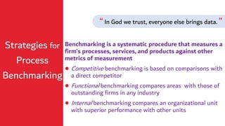 Benchmarking is a systematic procedure that measures a
firm’s processes, services, and products against other
metrics of measurement
⚫ Competitive benchmarking is based on comparisons with
a direct competitor
⚫ Functional benchmarking compares areas with those of
outstanding firms in any industry
⚫ Internal benchmarking compares an organizational unit
with superior performance with other units
Strategies for
Process
Benchmarking
“ In God we trust, everyone else brings data. ”
 