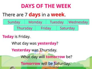 Comprehensive Learning Guide on Days of the Week and Calendar Basics | PPTX