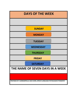 DAYS OF THE WEEK
THE NAME OF SEVEN DAYS IN A WEEK
PREPARED BY: KUNNAMPALLIL GEJO JOHN, SPEECH LANGUAGE PATHOLOGIST/THERAPIST
SUNDAY
MONDAY
TUESDAY
WEDNESDAY
THURSDAY
FRIDAY
SATURDAY
 