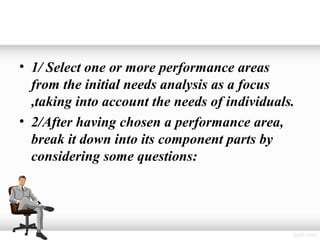 • 1/ Select one or more performance areas
  from the initial needs analysis as a focus
  ,taking into account the needs of individuals.
• 2/After having chosen a performance area,
  break it down into its component parts by
  considering some questions:
 