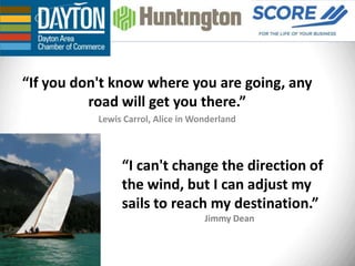 “If you don't know where you are going, any
          road will get you there.”
           Lewis Carrol, Alice in Wonderland



                “I can't change the direction of
                the wind, but I can adjust my
                sails to reach my destination.”
                                    Jimmy Dean
 