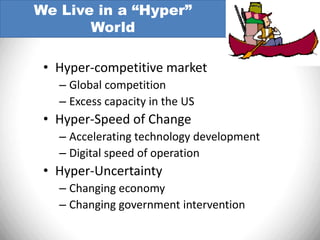 We Live in a “Hyper”
       World

 • Hyper-competitive market
   – Global competition
   – Excess capacity in the US
 • Hyper-Speed of Change
   – Accelerating technology development
   – Digital speed of operation
 • Hyper-Uncertainty
   – Changing economy
   – Changing government intervention
 