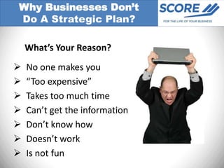 Why Businesses Don’t
Do A Strategic Plan?

    What’s Your Reason?
   No one makes you
   “Too expensive”
   Takes too much time
   Can’t get the information
   Don’t know how
   Doesn’t work
   Is not fun
 