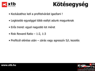 öé𲵲é
     • Kockázathoz kell a profitelvárást igazítani !

     • Legkisebb egységgel több esélyt adunk magunknak

     • Erős trend: egyel nagyobb lot méret

     • Risk Reward Ratio – 1:2, 1:3

     • Profitcél elérése után – zárás vagy agresszív S/L kezelés




www.xtb.hu
 