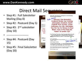 Direct Mail Sequence
• Step #1: Full Salesletter
Mailing (Day 0)
• Step #2: Postcard (Day 5)
• Step #3: 2nd salesletter
(Day 10)
• ------------------------
• Step #4: Postcard (Day
15)
• Step #5: Final Salesletter
(Day 20)
 