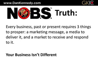 Truth:
Every business, past or present requires 3 things
to prosper: a marketing message, a media to
deliver it, and a market to receive and respond
to it.
Your Business Isn’t Different
 