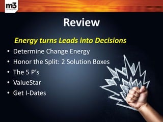 • Determine Change Energy
• Honor the Split: 2 Solution Boxes
• The 5 P’s
• ValueStar
• Get I-Dates
Review
Energy turns Leads into Decisions
 