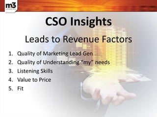 Leads to Revenue Factors
1. Quality of Marketing Lead Gen
2. Quality of Understanding “my” needs
3. Listening Skills
4. Value to Price
5. Fit
CSO Insights
 