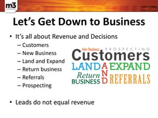 • It’s all about Revenue and Decisions
– Customers
– New Business
– Land and Expand
– Return business
– Referrals
– Prospecting
• Leads do not equal revenue
Let’s Get Down to Business
 