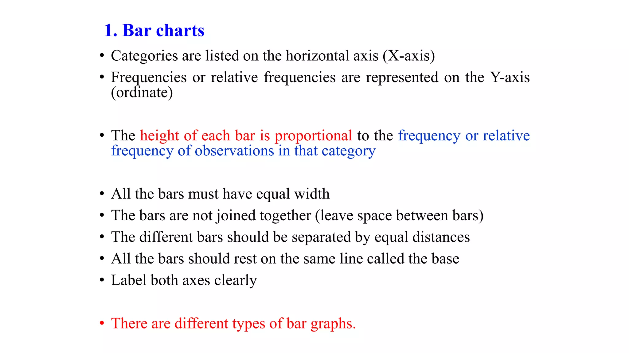 1. Bar charts
• Categories are listed on the horizontal axis (X-axis)
• Frequencies or relative frequencies are represented on the Y-axis
(ordinate)
• The height of each bar is proportional to the frequency or relative
frequency of observations in that category
• All the bars must have equal width
• The bars are not joined together (leave space between bars)
• The different bars should be separated by equal distances
• All the bars should rest on the same line called the base
• Label both axes clearly
• There are different types of bar graphs.
 