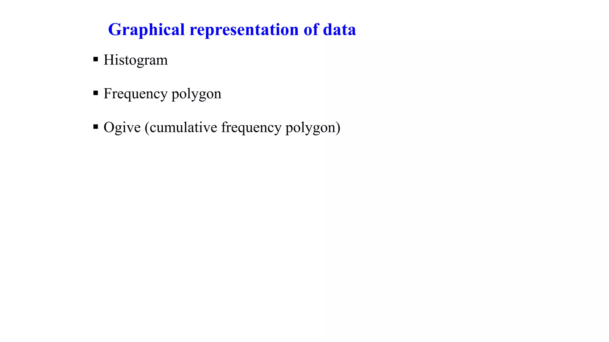 Graphical representation of data
 Histogram
 Frequency polygon
 Ogive (cumulative frequency polygon)
 