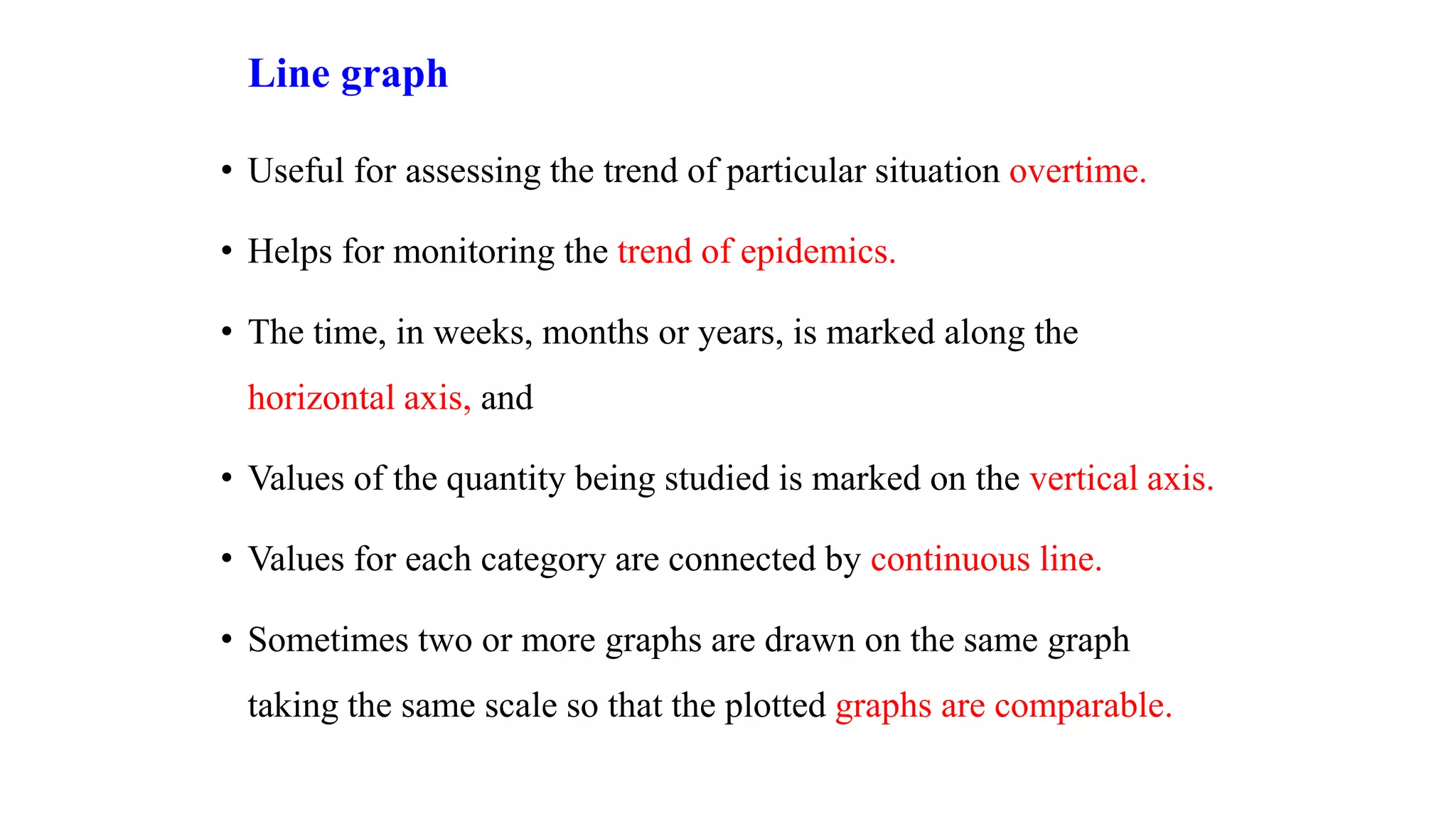 Line graph
• Useful for assessing the trend of particular situation overtime.
• Helps for monitoring the trend of epidemics.
• The time, in weeks, months or years, is marked along the
horizontal axis, and
• Values of the quantity being studied is marked on the vertical axis.
• Values for each category are connected by continuous line.
• Sometimes two or more graphs are drawn on the same graph
taking the same scale so that the plotted graphs are comparable.
 