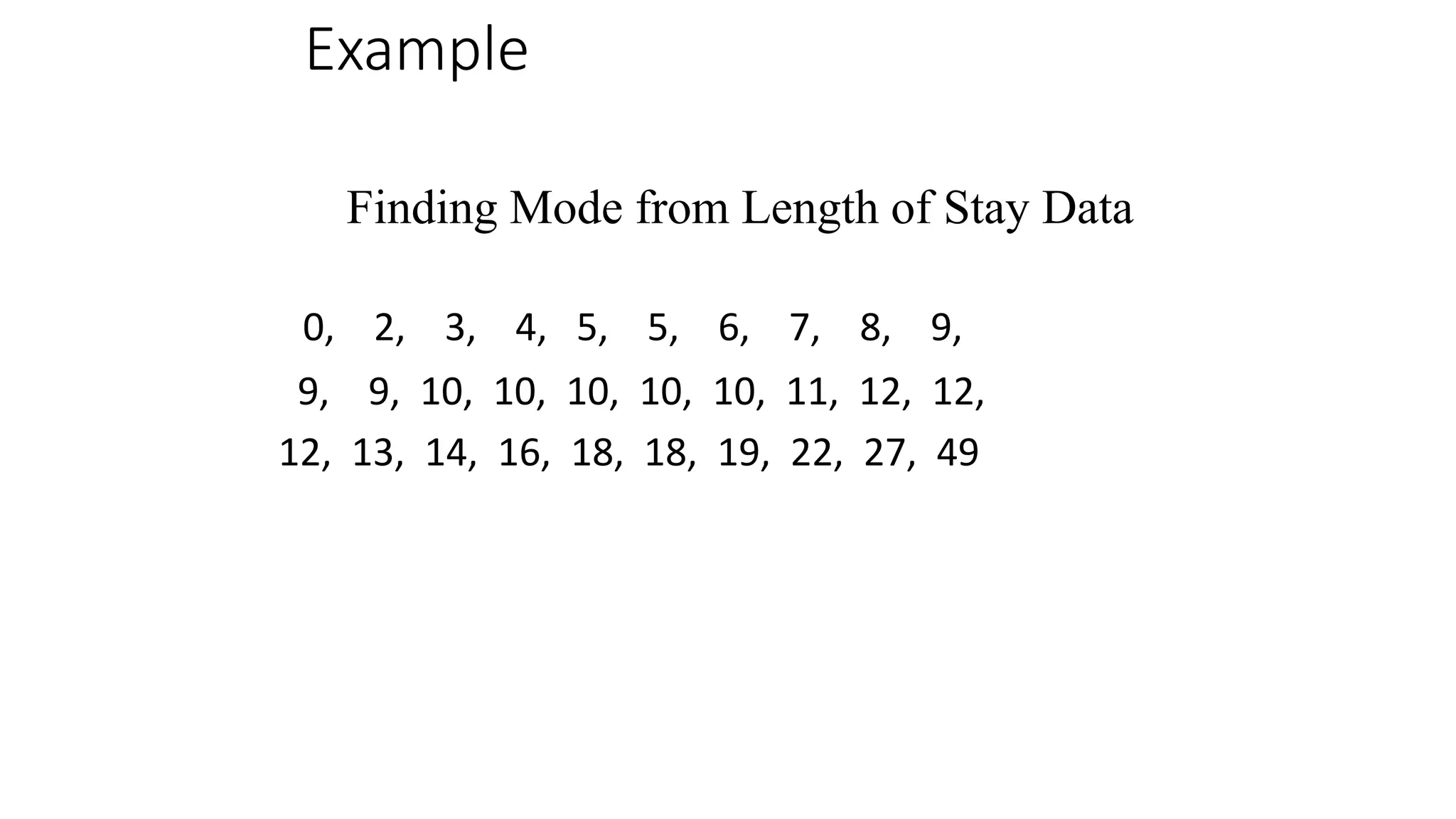 Example
0, 2, 3, 4, 5, 5, 6, 7, 8, 9,
9, 9, 10, 10, 10, 10, 10, 11, 12, 12,
12, 13, 14, 16, 18, 18, 19, 22, 27, 49
Finding Mode from Length of Stay Data
 