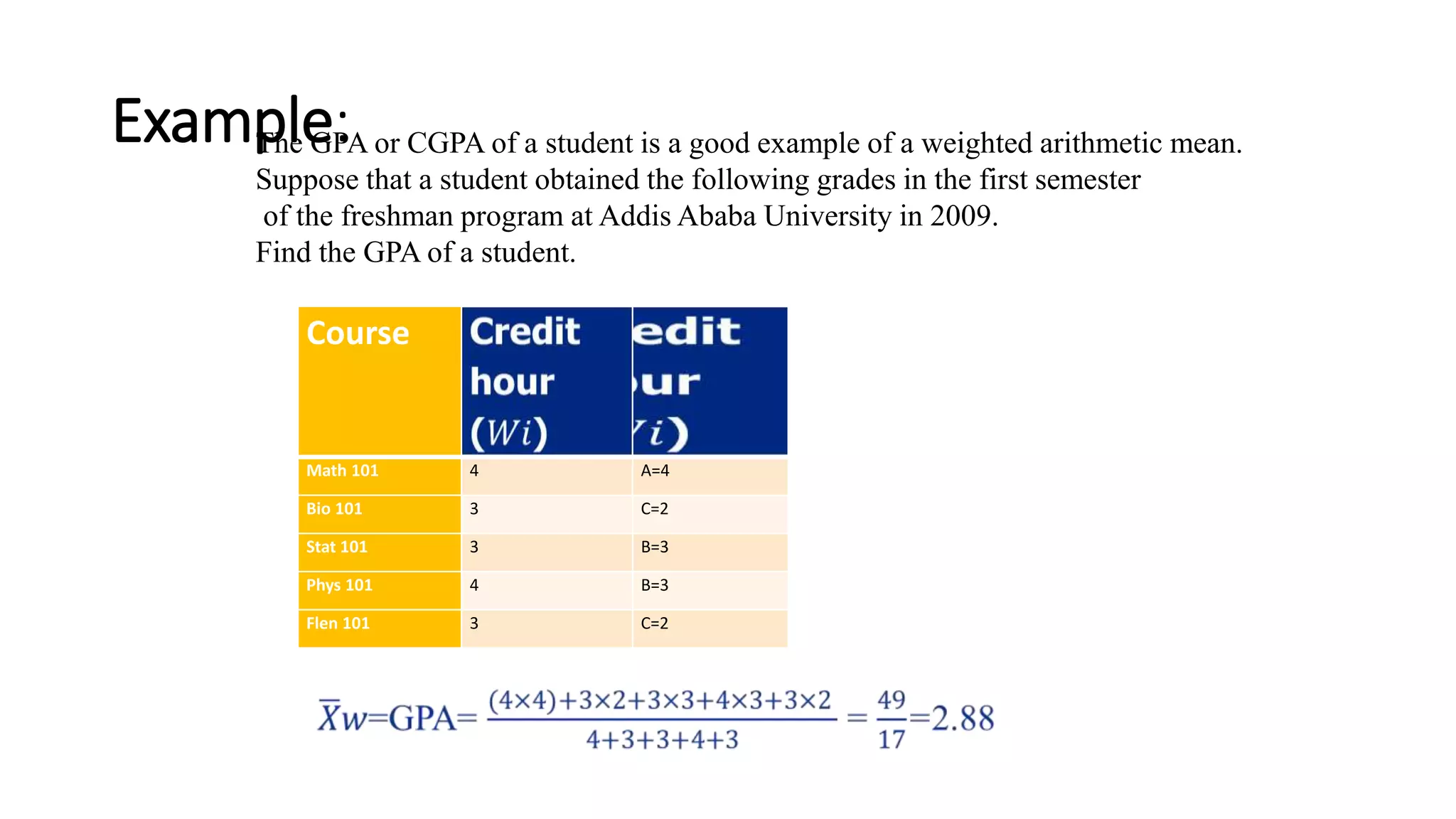 Example:
Course
Math 101 4 A=4
Bio 101 3 C=2
Stat 101 3 B=3
Phys 101 4 B=3
Flen 101 3 C=2
The GPA or CGPA of a student is a good example of a weighted arithmetic mean.
Suppose that a student obtained the following grades in the first semester
of the freshman program at Addis Ababa University in 2009.
Find the GPA of a student.
 