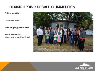 DECISION POINT: DEGREE OF IMMERSION
Office location
Caseload size
Size of geographic area
Team members’
experience and skill set
 