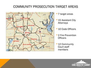 7 target areas
 15 Assistant City
Attorneys
 10 Code Officers
 2 Fire Prevention
Officers
 12 Community
Court staff
members
COMMUNITY PROSECUTION TARGET AREAS
 