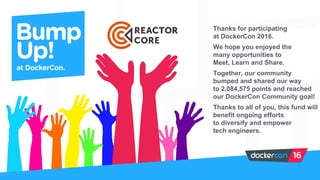 Thanks for participating
at DockerCon 2016.
We hope you enjoyed the
many opportunities to
Meet, Learn and Share.
Together, our community
bumped and shared our way
to 2,084,575 points and reached
our DockerCon Community goal!
Thanks to all of you, this fund will
benefit ongoing efforts
to diversify and empower
tech engineers.
 