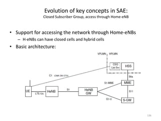 Evolution of key concepts in SAE:
                Closed Subscriber Group, access through Home-eNB


• Support for accessing the network through Home-eNBs
   – H-eNBs can have closed cells and hybrid cells
• Basic architecture:




                                                                   136
 